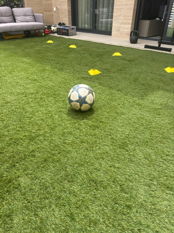 Backyard soccer and fitness setup on artificial turf in Finestrat
