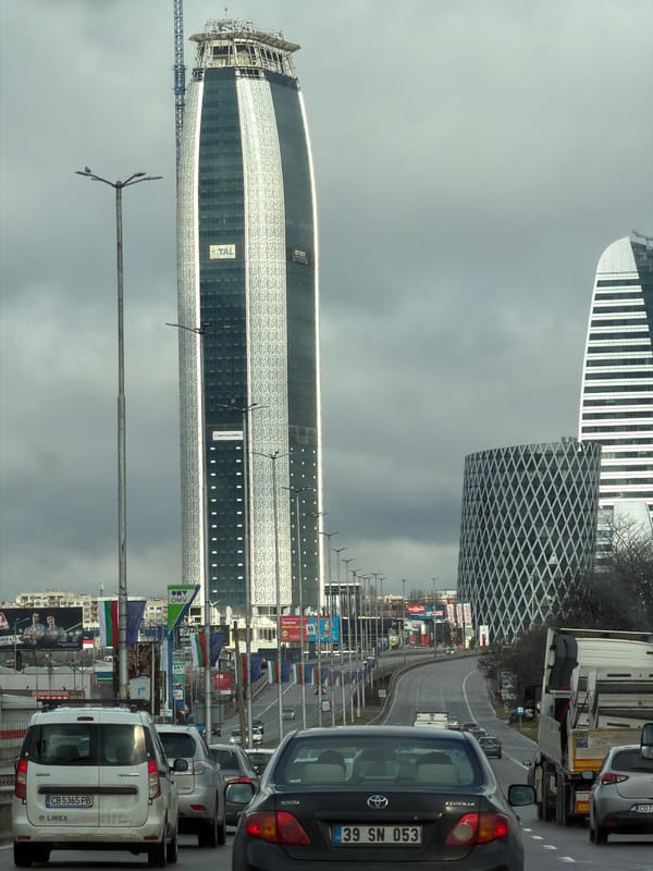 Sofia skyline documented with skyscrapers under cloudy skies