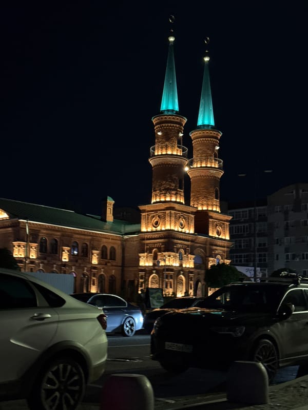 Evening stroll captures illuminated Ufa Cathedral Mosque district