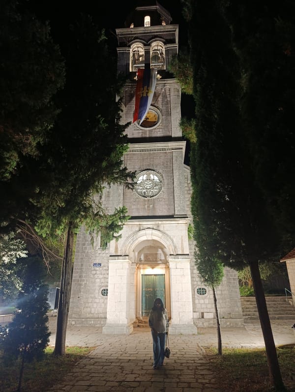 A quiet summer night along Risan's waterfront and old town