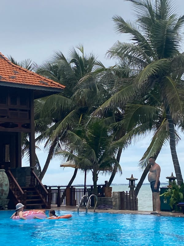 Pool day at a Vietnam beach resort, hermit crabs included.
