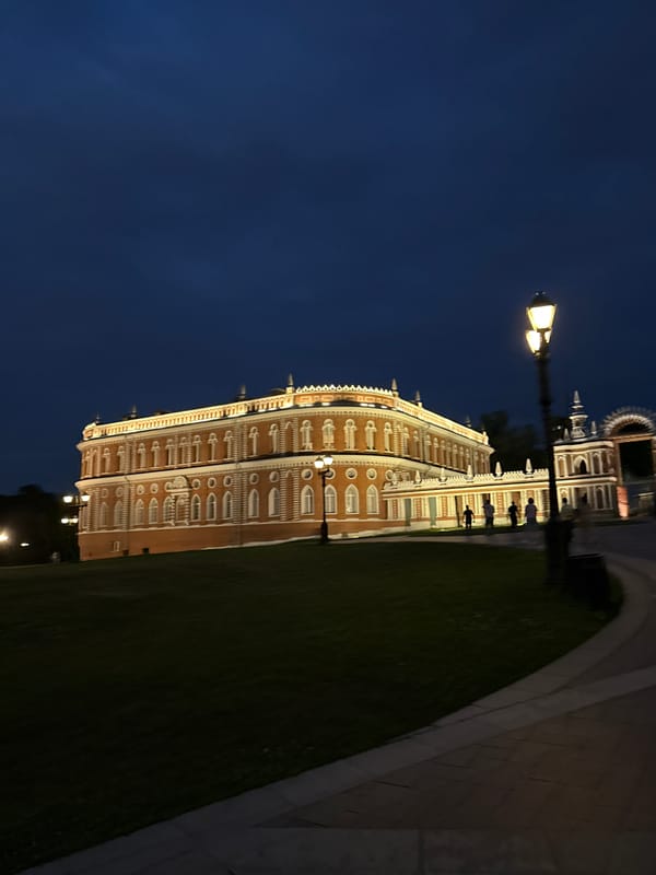 Tsaritsyno Palace and park at dusk, swans included