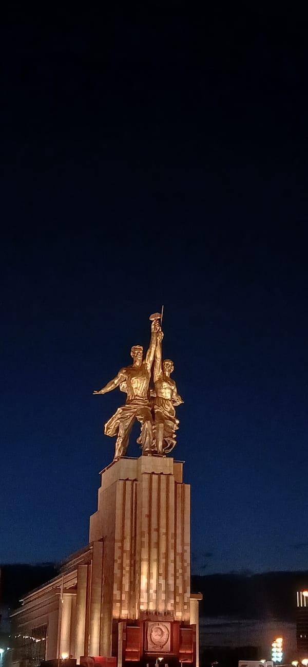 Moscow's Worker and Kolkhoz Woman statue photographed at night