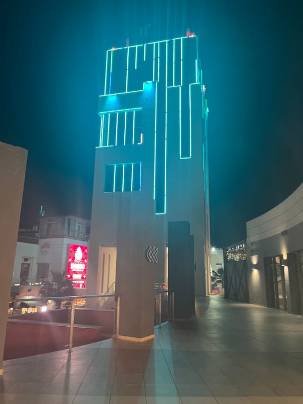 Nighttime neon-lit commercial district captured in Sochi, Russia