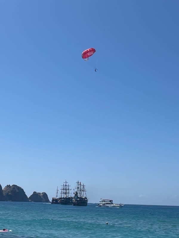 Parasailing activity captured over busy Alanya beach on sunny morning