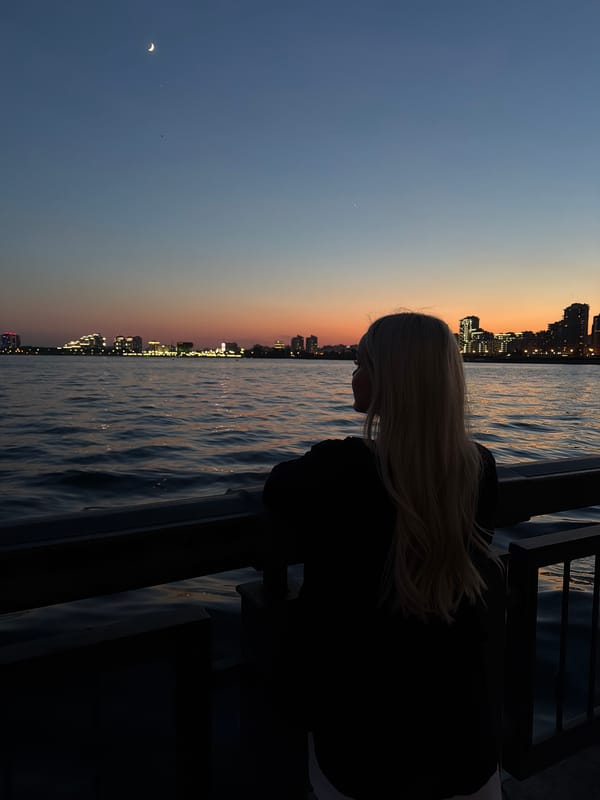 Woman watches illuminated city skyline at dusk in Russia