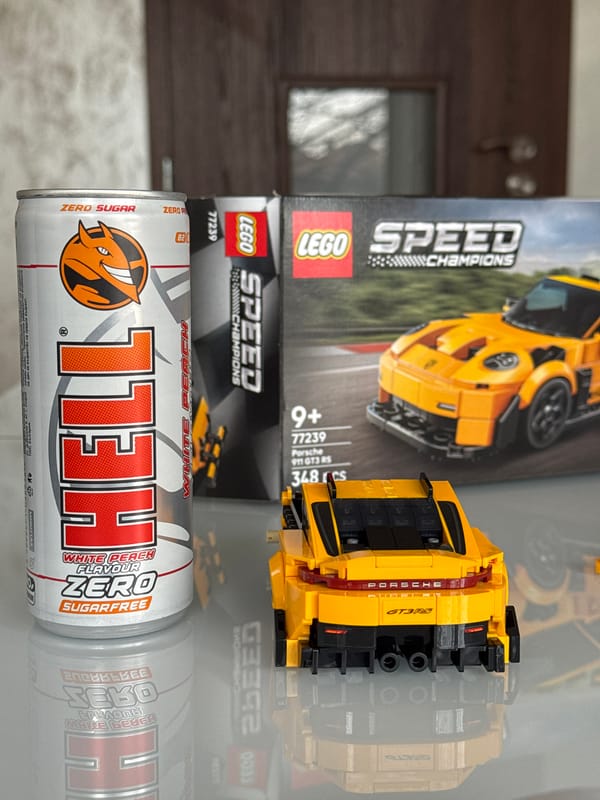 Desktop Lego build session with energy drink in Bulgaria
