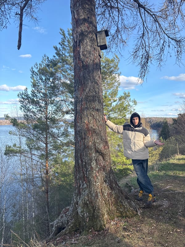 Man poses against fallen tree trunk in Novyi, Russia