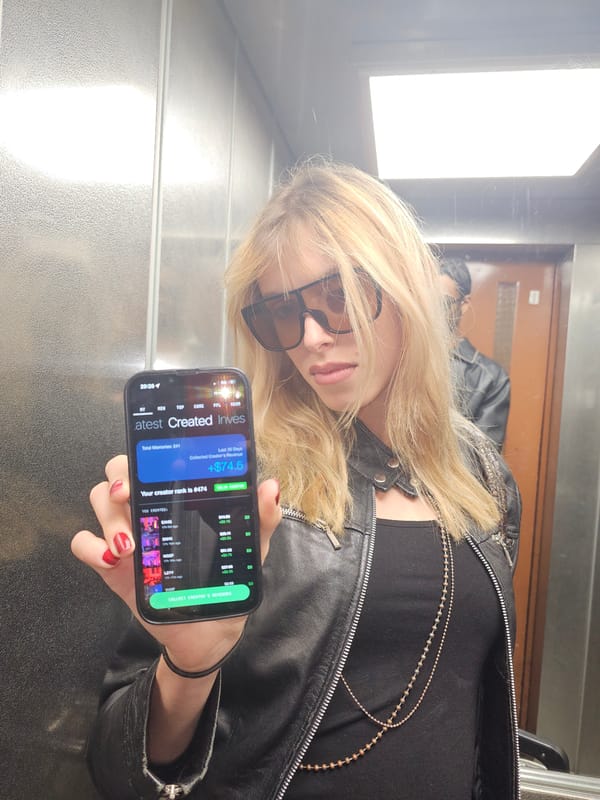 Woman displays phone screen showing revenue in Pantin elevator