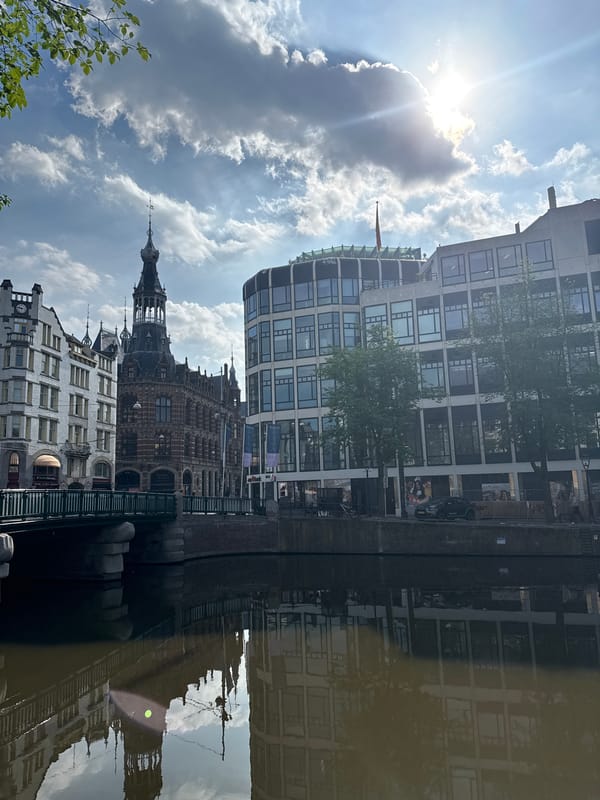 Amsterdam canal reflects mixed architecture in morning documentation