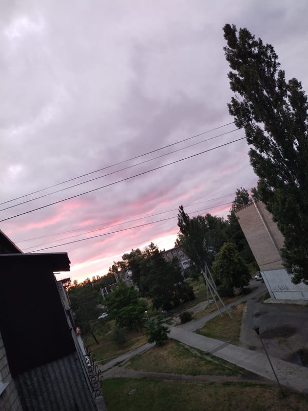 Evening scenes from Horishni Plavni: dusk, soup, and dog