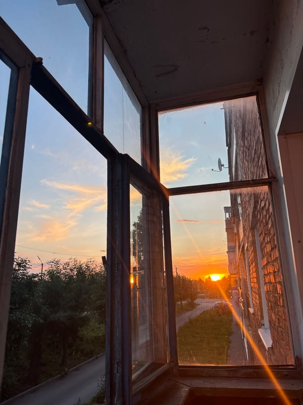 Lazy afternoon indoors: a sleeping dog and sunset views in Inskoy