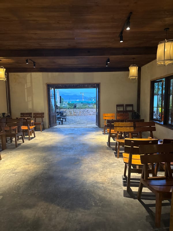 Rustic garden cafe near Vinpearl, Nha Trang, at dusk
