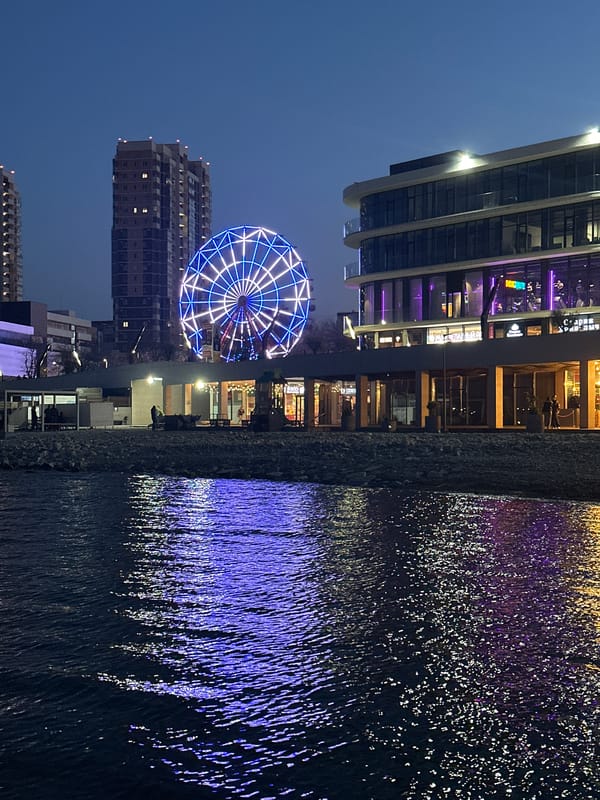 Illuminated waterfront with lit Ferris wheel observed in Novorossiysk