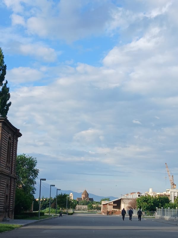 Street documentation captures political posters, sculptures in Vagharshapat, Armenia