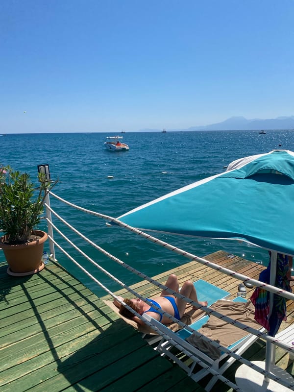 Sunny afternoon at a Mediterranean beach resort in Aksu, Turkey