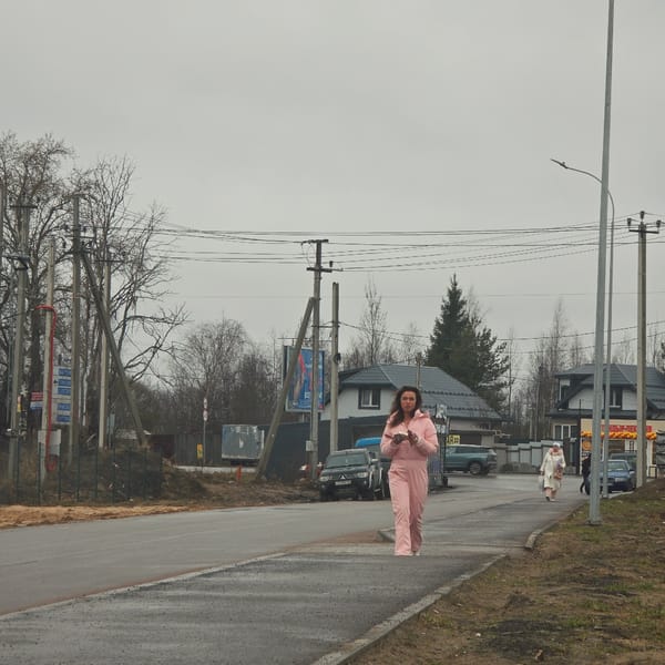 Woman in pink walks street in Skotnoe carrying package