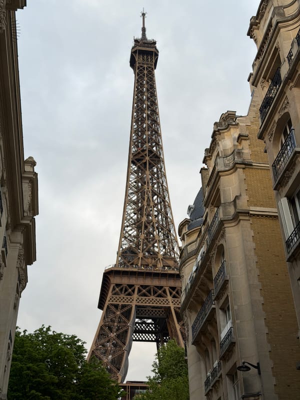 Eiffel Tower photographed from street level under cloudy Paris sky