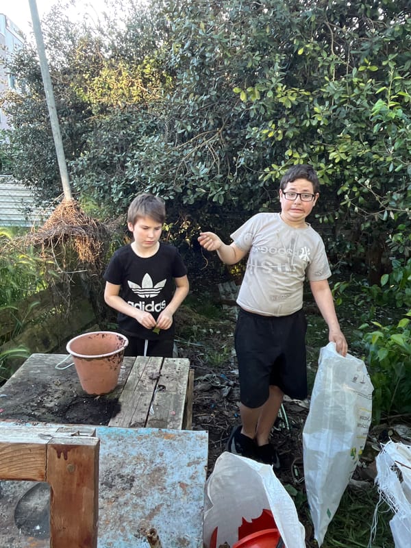Family spends Sunday afternoon gardening and building in Vesyoloye
