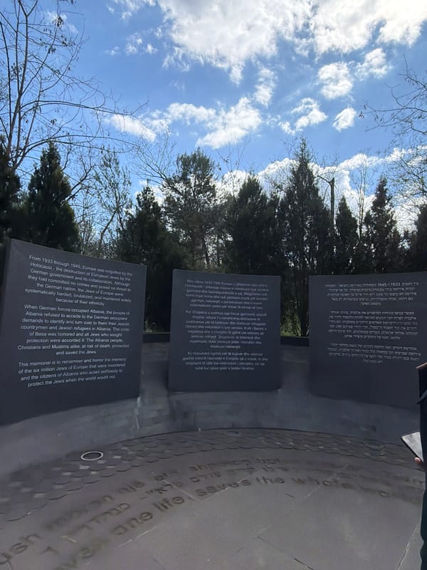 Holocaust memorial visited, street musician performs in Tirana park