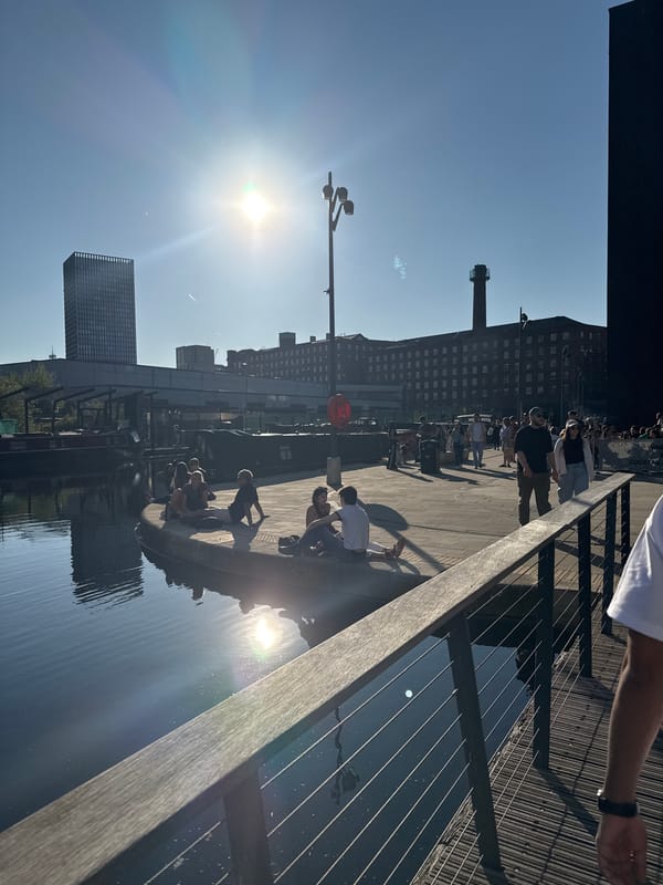 Sunny waterfront scene captured in Manchester on spring afternoon