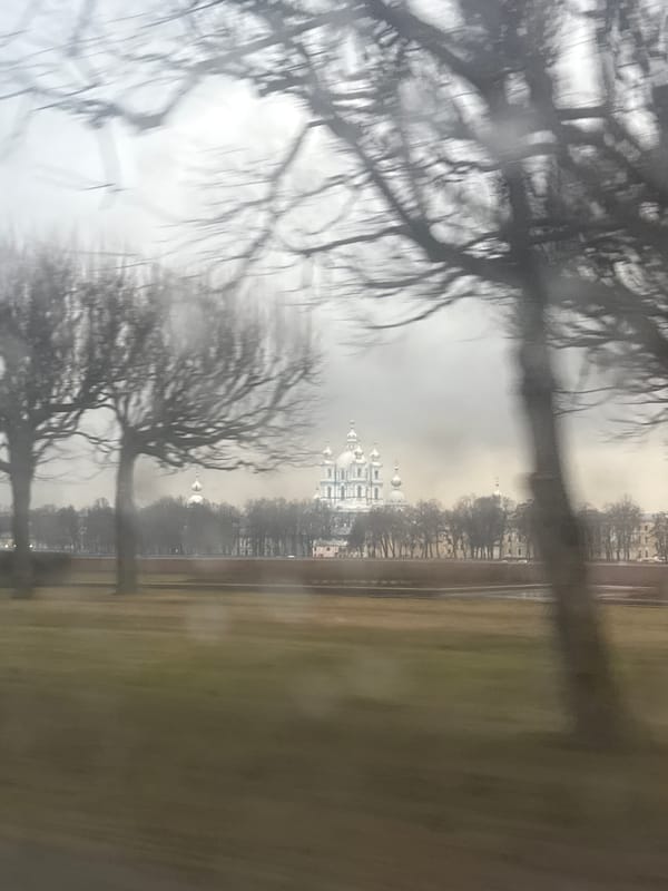 Rainy day view from moving vehicle in Saint Petersburg