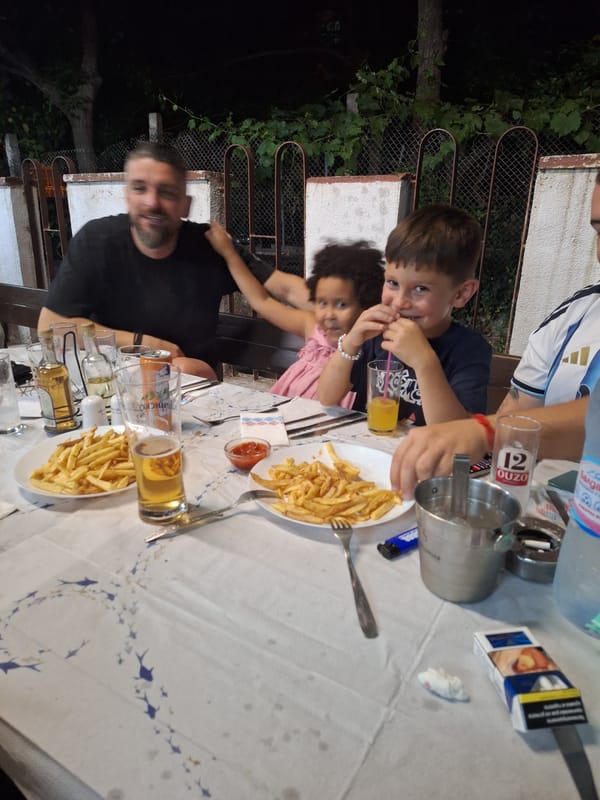 Outdoor dinner gathering at a Blagoevgrad restaurant, July evening