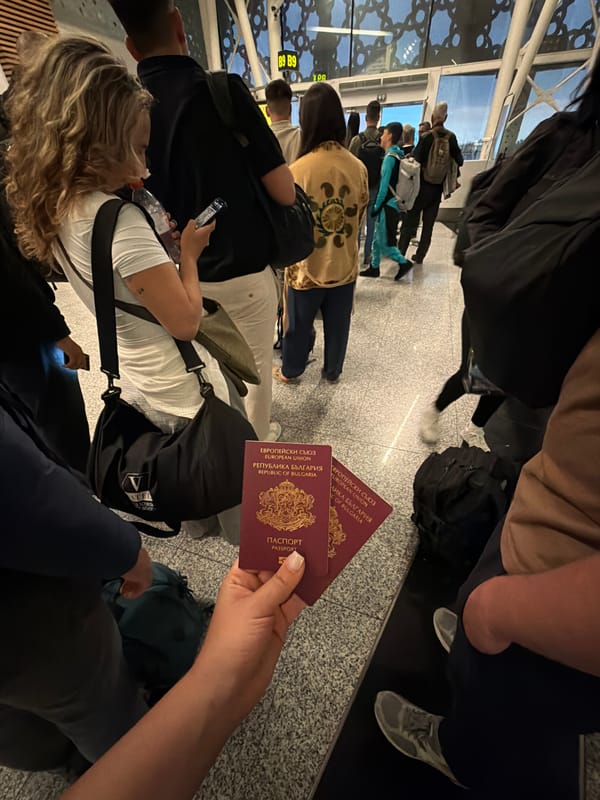 Travelers with Bulgarian passports wait at Marrakesh airport terminal