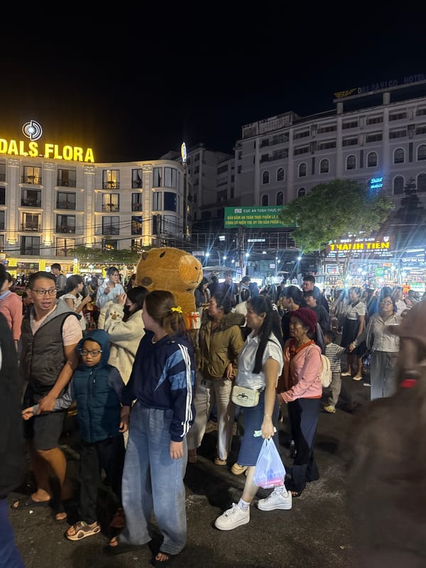 Da Lat night market scene: food, crowds, and street performers