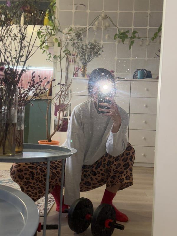Person takes mirror selfie in leopard pants in Krasnoyarsk home