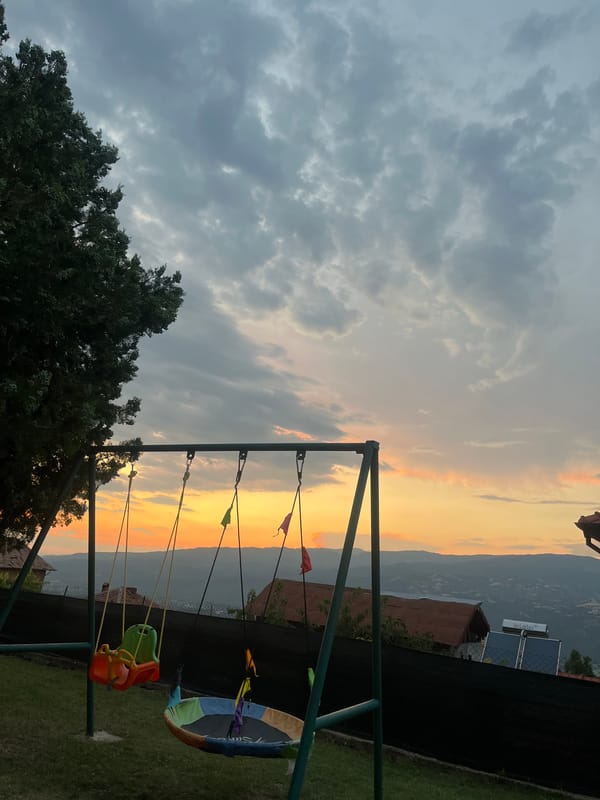 Backyard swing set under a split sunset sky