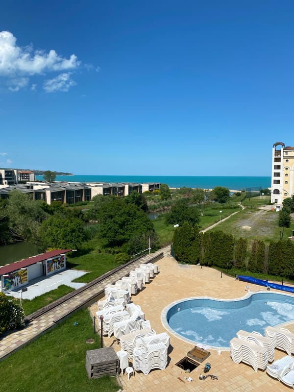 Aerial view captures Obzor Bulgaria coastal resort development