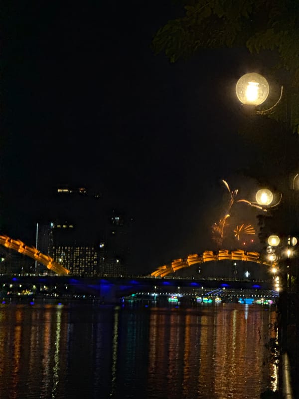 Fireworks and light show over Da Nang's Dragon Bridge
