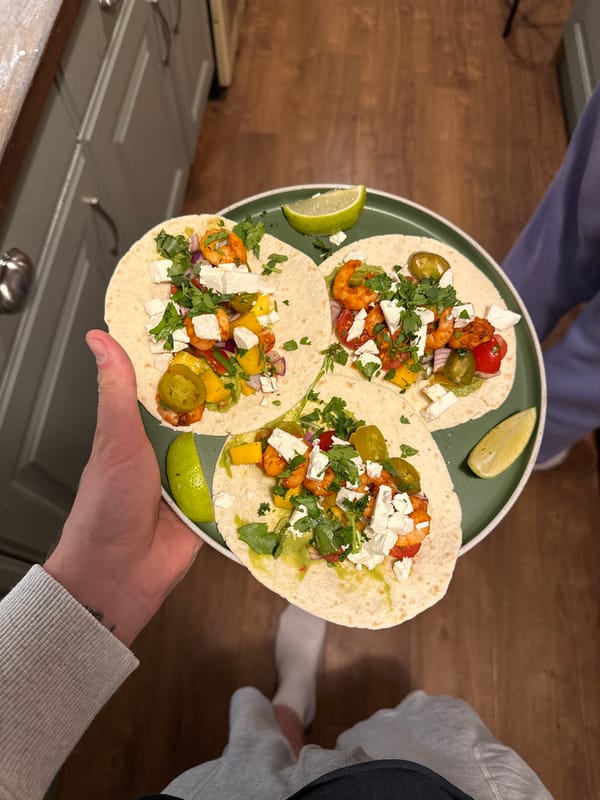 Shrimp tacos with fresh toppings photographed in Hitchin