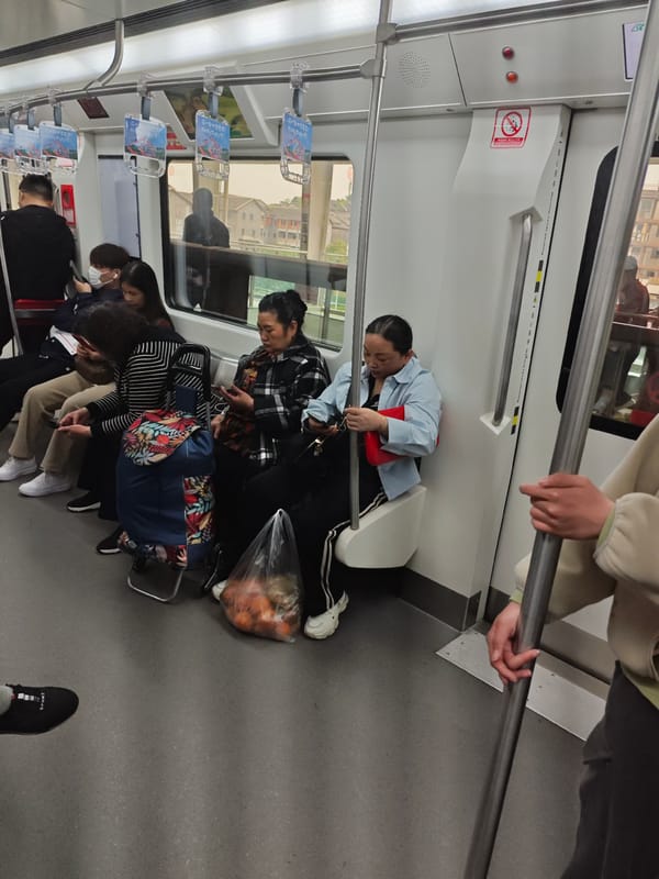 Early morning train commuters use phones in Shapingba District