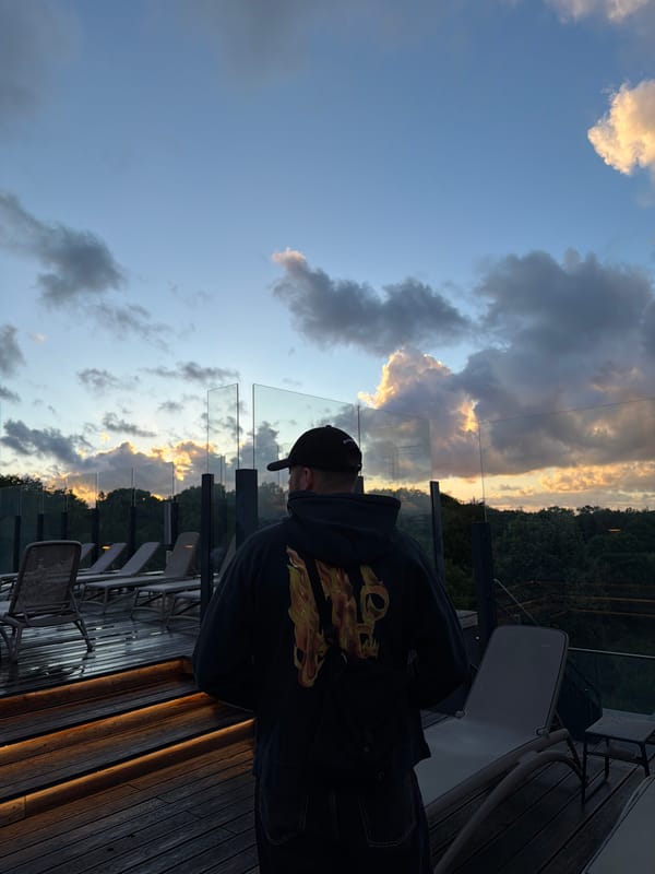 Sunset rooftop terrace overlooking Kołobrzeg cityscape