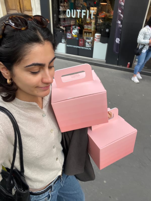 Woman photographed on Paris street holding objects