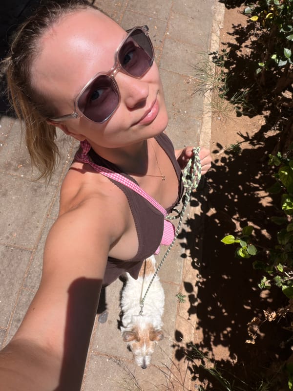 Dog walk in Tel Aviv sunlight, tagged as a morning routine