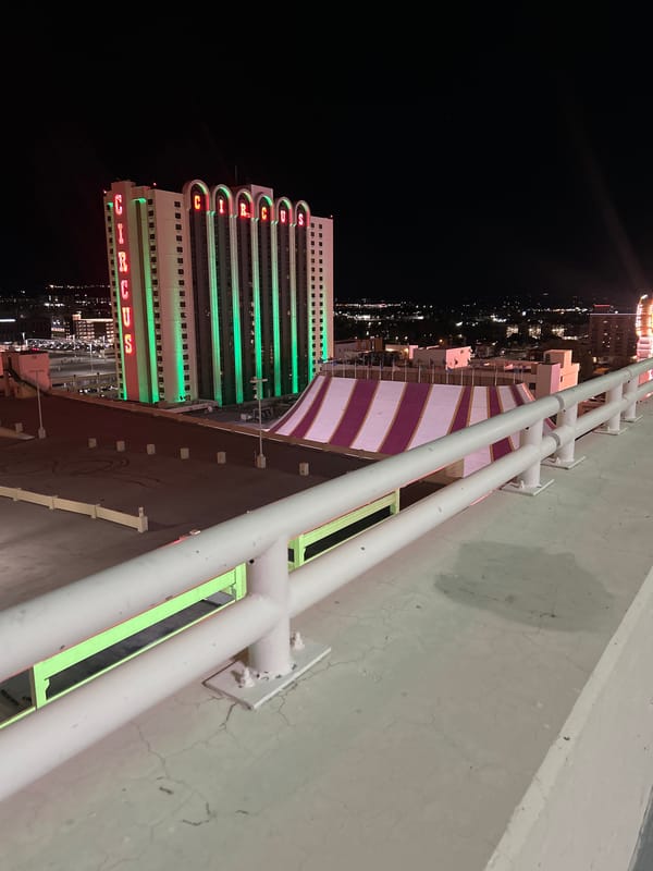 Nighttime documentation of Reno casino district from multiple elevated viewpoints