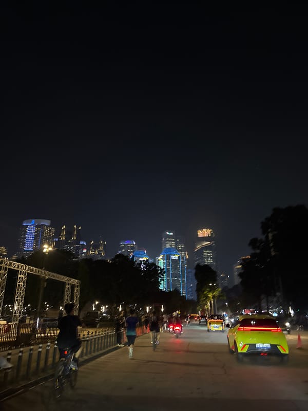 Heavy traffic congestion documented in Central Jakarta nighttime streets