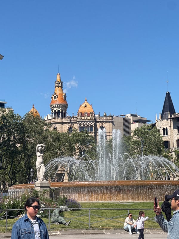 Barcelona park scenes: fountains, pigeons, street piano performance