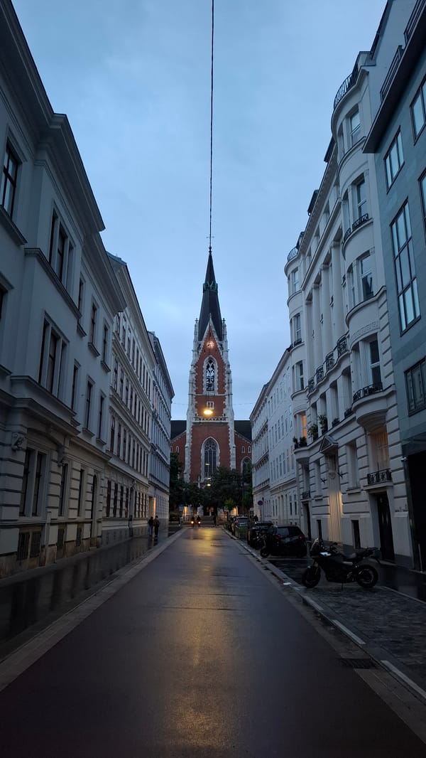 Wet Vienna street with ornate buildings, church spire documented