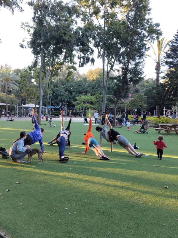 Adults practice yoga balancing exercises in Tel Aviv park