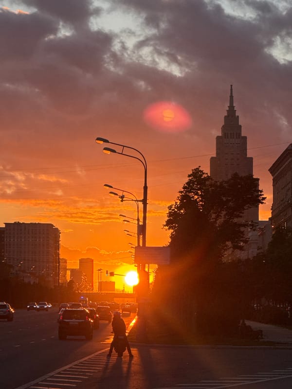 Fiery sunset over a Moscow street, caught from multiple angles
