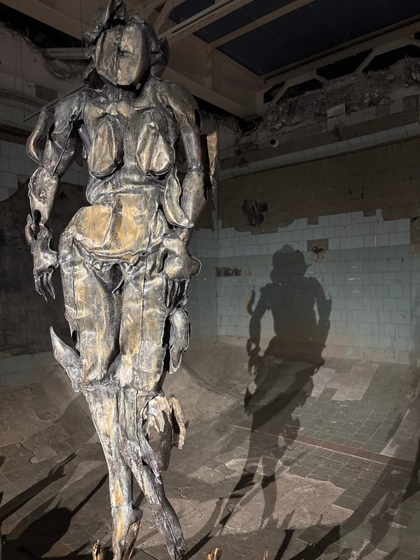 Metal sculptures documented in decaying Saint Petersburg building