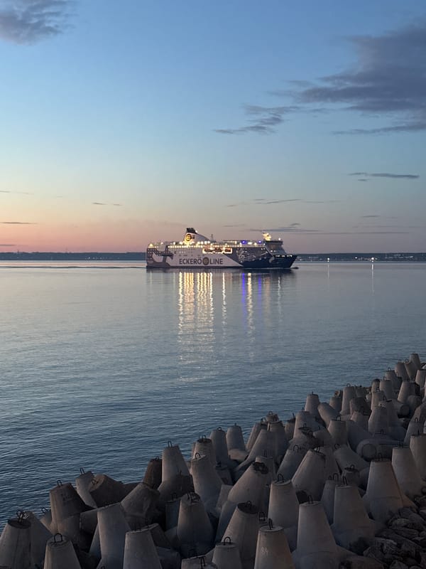 Evening ferry terminal scenes across Tallinn's Baltic waterfront
