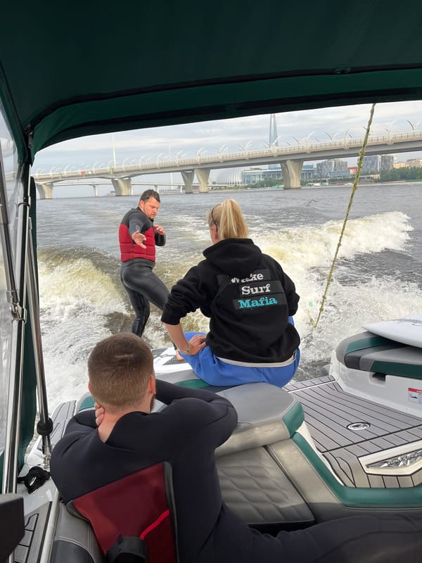 Wake surfing near Saint Petersburg's Western High-Speed Diameter bridge