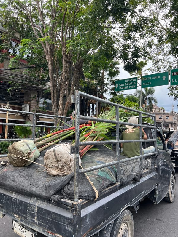Morning traffic and temple architecture on Denpasar streets