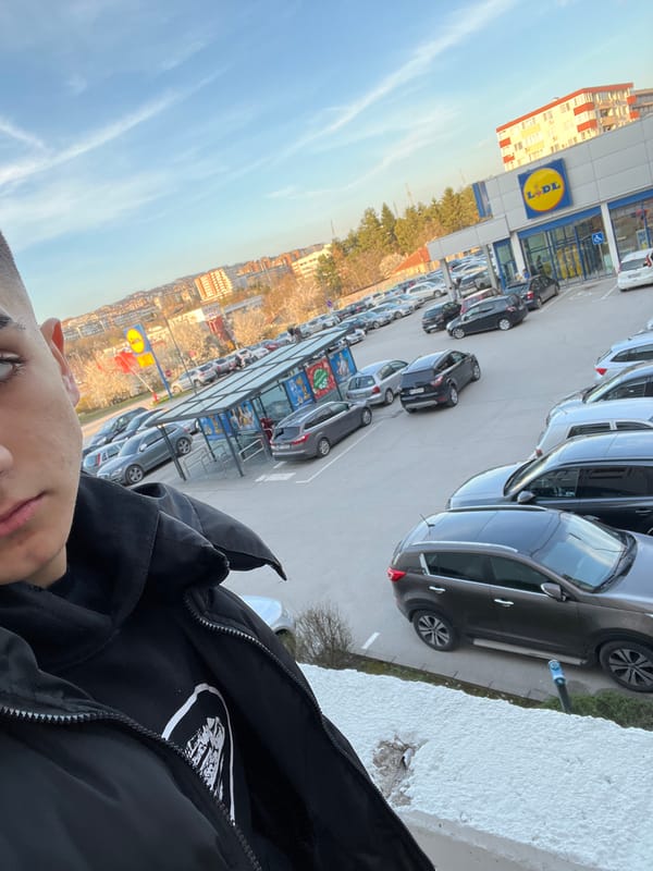 Tourist takes peace sign selfie overlooking Lidl in Bulgaria