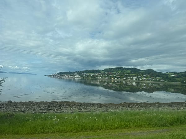 Peaceful hillside village overlooking calm Norwegian coastal waters